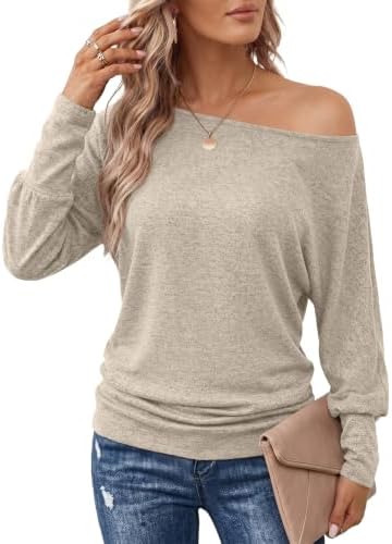 Fall Women 2026 Off Shoulder Tops Longsleeve Shirts Tops, Khaki