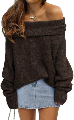 Off The Shoulder Sweater Oversized Fall Going Out Tops CBrown, Coffee Brown