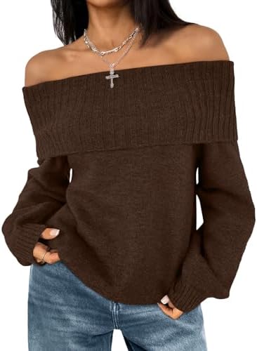 Off The Shoulder Sweaters Womens Fall Pullover Tops, Coffee