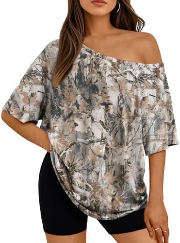 Off The Shoulder Tops Oversized Short Sleeve Tshirts, Camokg