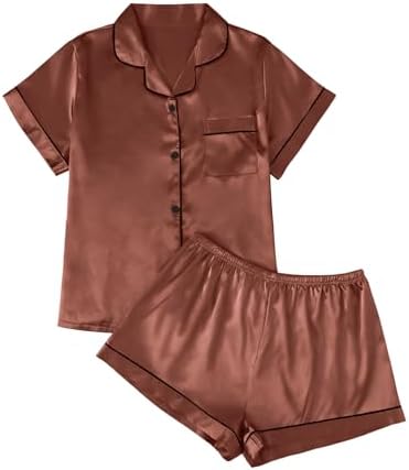 Silk Satin Pajama Set for Women Summer Two Piece Fall Lounge, Brown