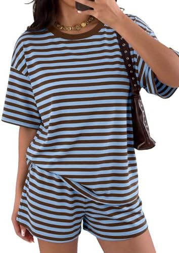 Striped Set for Women Two Piece Lounge Sets Summer Outfits, Blue Combo