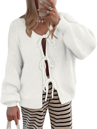 Tie Front Chunky Cardigan Sweaters for Women Trendy, White