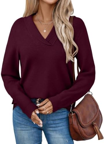 V Neck Lightweight Sweaters for Women Fall Fashion, Wine Red