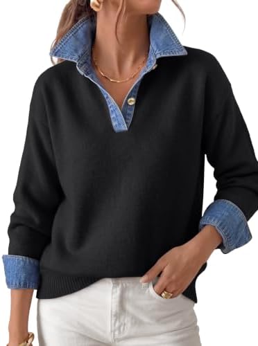 V Neck Sweaters for Women Denim Collared Knit Polo Fall Outfits, Black