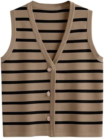 Vest Tops for Women Striped Sweater Vests, Khaki_black
