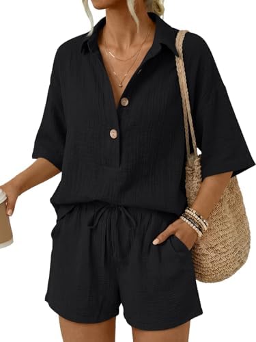 Women 2 Piece Matching Short Set Summer Outfit, Black