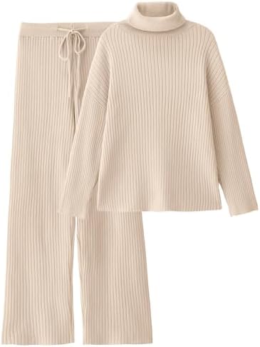 Women 2 Piece Winter Turleneck Sweater Matching Lounge Sets, Apricot