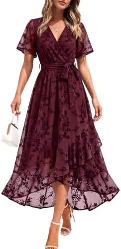 Women Fall Cocktail Formal Wedding Guest Dress Maxi Floral, Burgundy