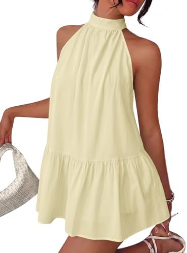 Women Halter Polka Dot Babydoll Summer Mini Dresses, Light Yellow