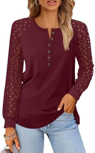 Women Lace Long Sleeve Shirts Henley Tops Casual Blouse, Burgundy