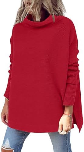 Women Mock Turtleneck Sweater Oversized Long Tunic Winter Clothes, Red