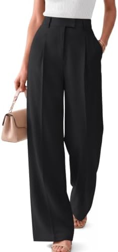 Women Pleated Stretchy Wide Leg Dress Work Business Casual Pants, A Black