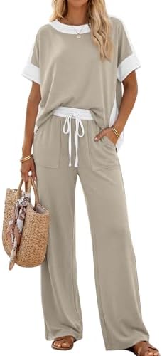 Womens 2 Piece Color Block Lounge Sets Travel Outfits, Apricot