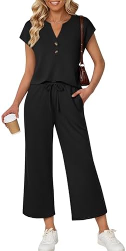 Womens 2 Piece Lounge Sets Fall Outfits Henley Shirts & Pants, Black