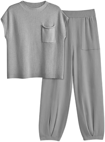 Womens 2 Piece Lounge Sets Matching Knit Travel Sweatsuits, Light Grey
