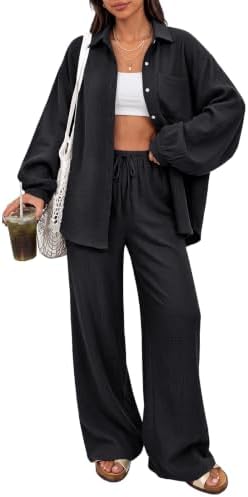 Womens 2 Piece Matching Lounge Sets Oversized Fall Outfits, Black