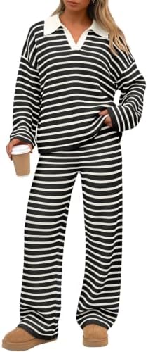 Women's 2 Piece Striped Lounge Matching Sweater Sets Fall, Black White Stripes
