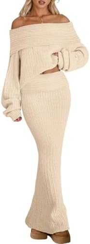 Womens 2 Two Piece Sweater Maxi Skirt Set Off the Shoulder, Apricot