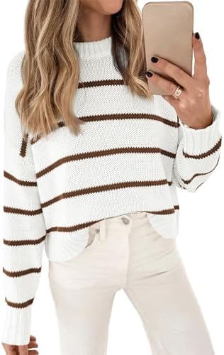 Womens Cropped Striped Sweaters Pullover Tops White, White-Brown