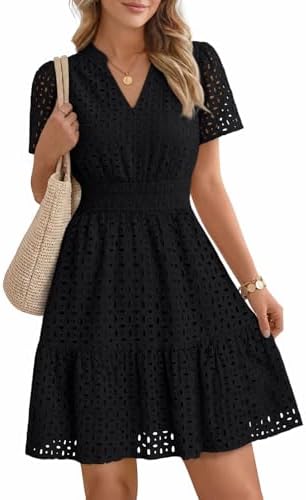 Womens Eyelet Dress Summer Mini A Line Boho Beach Vacation Outfit, Black