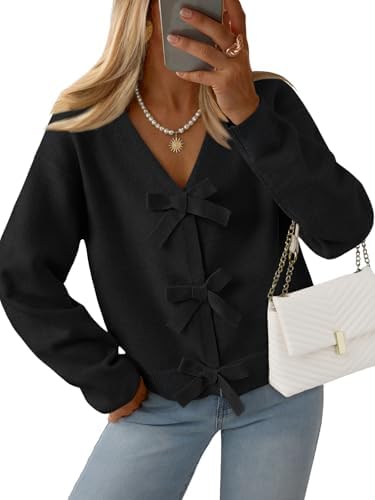 Womens Fall Bow Cardigan Sweater Cropped Tie Front V Neck Outfits, Black