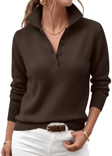 Womens Fall Button Polo Knit Dressy Casual Lightweight Sweaters, Coffee