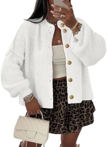 Womens Fall Chunky Knit Cropped Oversized Cardigan Sweater, White