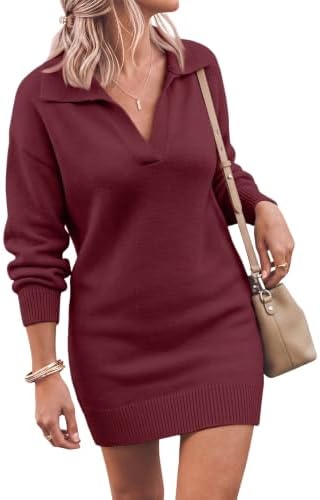 Womens Fall Long Sleeve Polo Sweater Dress Casual Winter Outfits, Wine