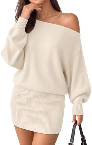 Womens Fall Off Shoulder Long Sleeve Bodycon Mini Sweater Dress, Beige