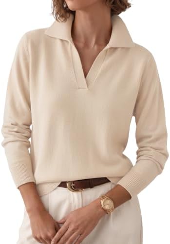 Womens Fall Polo V Neck Dressy Casual Lightweight Knit Sweaters, Apricot