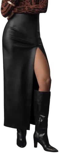 Womens Faux Leather Maxi Skirts High Waisted Slit, Black