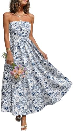 Womens Floral Summer Dresses Tropical Tube Top Strapless Smocked Flowy Vacation, Navy Floral