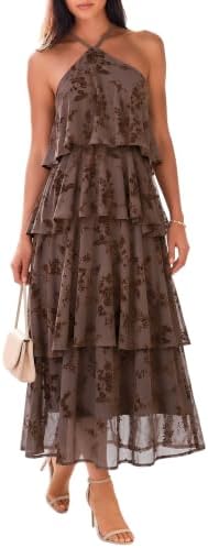 Women's Halter Floral Wedding Guest Formal Cocktail Maxi Dresses, Brown