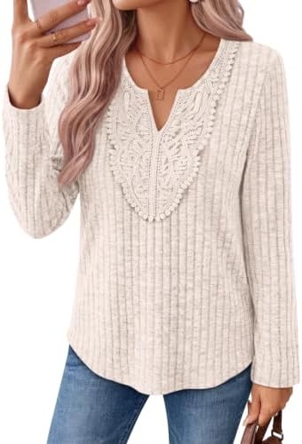 Womens Lace V Neck Long Sleeve Tops Fall Shirts, Apricot