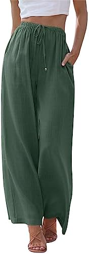 Womens Linen Blend Summer Beach Vacation Wide Leg Palazzo Pants, Forest Green