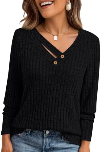 Womens Long Sleeve Fall Tops V Neck Tunic Shirts, Black