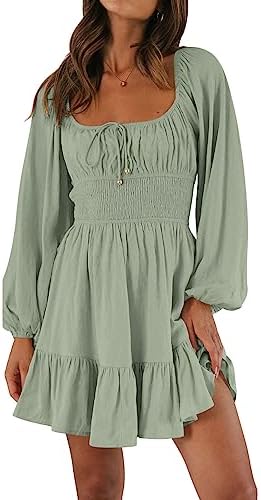 Women's Long Sleeve Mini Cottagecore Dresses, Light Green