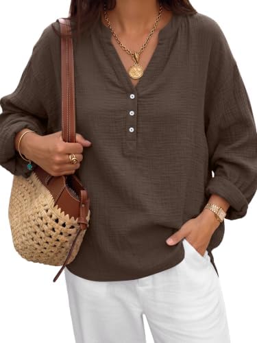 Womens Long Sleeve Shirts V Neck Oversized Cute Tops, Brown