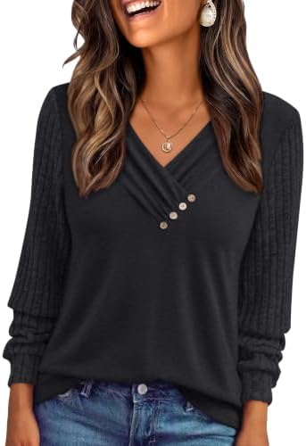 Womens Long Sleeve Tunic Fall Tops V Neck Shirts, Black
