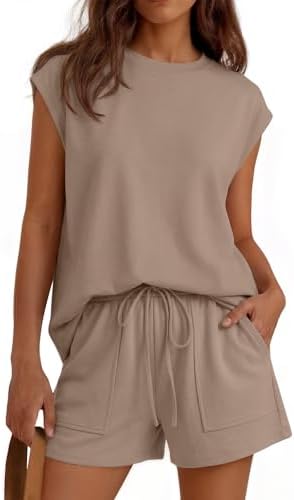Womens Lounge Two 2 Piece Short Sets Summer Outfits, Dark Khaki