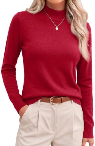 Womens Merino Wool Blend Mock Neck Fall Lightweight Sweaters, Red