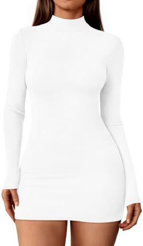 Womens Mock Neck Ribbed Long Sleeve Party Bodycon Mini Dresses, White