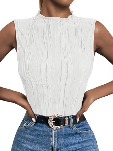 Womens Mock Neck Tank Tops Business Casual Sleeveless Blouses, White