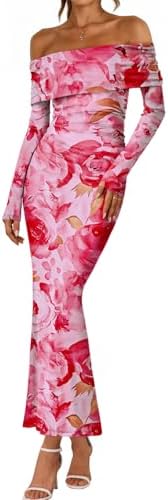 Womens Off The Shoulder Floral Dress Fall Wedding Guest Dresses, Pink