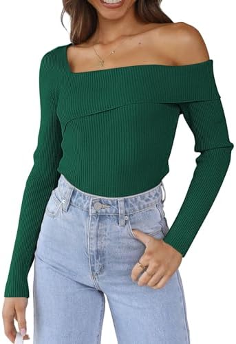 Womens Off the Shoulder Sweaters Going Out Fall Top, Dark Green