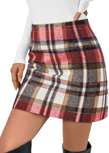 Womens Plaid Skirt Fall High Waist Flannel Mini Checkered Skirts Winter, Red