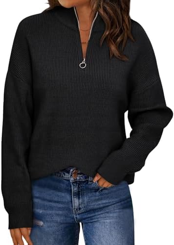 Womens Quarter Zip Oversized Turtleneck Fall Sweater, Black
