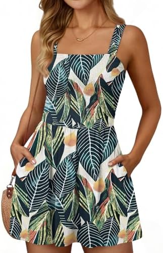 Womens Short Summer Dress Mini Sundress Beach Vacation Spring Sleeveless Dresses, Floral Green Leaf