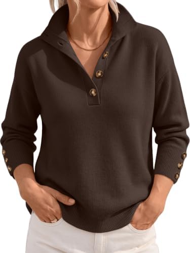 Womens Stand Collar Henley Knit Sweaters Fall Fashion Outfit, Coffee